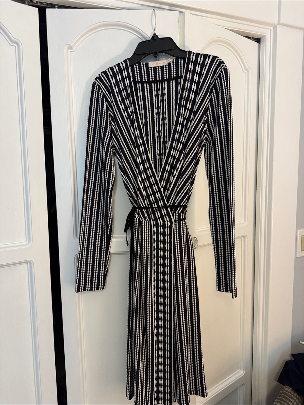 Tory Burch Black, Blue and White Striped Wrap Dress with Self Tie